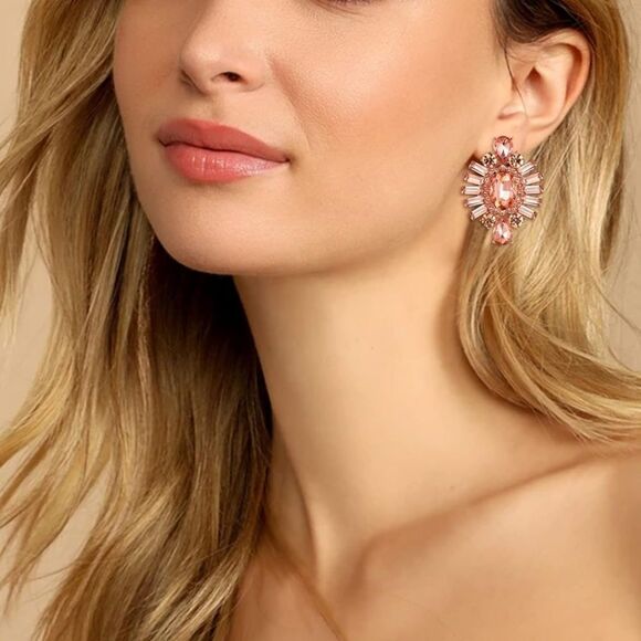 Rose Gold with Peach Morganite and Topaz CZ Floral Art Deco Post Back Earrings - Picture 3 of 4